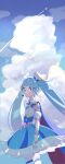  1girl absurdres aircraft airplane bird blue_cape blue_dress blue_eyes blue_hair bow brooch cape cloud cloudy_sky commentary contrail cowboy_shot cure_sky cut_bangs day detached_sleeves dress dress_bow earrings fingerless_gloves frilled_dress frills from_side gloves gradient_hair highres hirogaru_sky!_precure jewelry light_blush long_hair looking_at_viewer magical_girl multicolored_hair outdoors parted_lips pink_hair precure puffy_detached_sleeves puffy_sleeves red_cape short_dress single_earring single_sidelock sky sleeveless sleeveless_dress solo sora_harewataru sparkle standing streaked_hair thighhighs twintails two-sided_cape two-sided_fabric usiusi_nanas very_long_hair white_gloves white_thighhighs wing_brooch wing_hair_ornament 