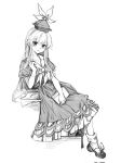  1girl 80isiiii book collarbone dress full_body greyscale hat highres kamishirasawa_keine long_hair looking_at_viewer monochrome neckerchief open_mouth shoes short_sleeves simple_background smile socks solo tokin_hat touhou white_background 