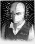  1boy absurdres bandaged_head bandages bulletproof_vest commentary cross emphasis_lines fallout_(series) fallout_new_vegas greyscale highres joshua_graham male_focus monochrome portrait solo xyanaid 