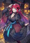  1girl baobhan_sith_(fate) black_capelet black_dress bolt breasts capelet choker cleavage dress fate/grand_order fate_(series) grey_eyes halloween halloween_costume highres jack-o&#039;-lantern large_breasts long_hair long_sleeves looking_at_viewer nakaga_eri object_through_head open_mouth pink_hair pointy_ears pumpkin screw_in_head sidelocks smile solo thighs 