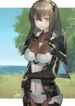  1girl absurdres bodysuit breasts brown_hair fingerless_gloves gloves green_eyes highres large_breasts long_hair looking_at_viewer manon_(pso2) nao_(syn_eaa) phantasy_star phantasy_star_online_2 solo tree white_background 