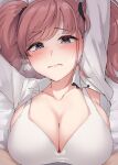  1girl absurdres atlanta_(kancolle) bed_sheet blush bra breasts brown_hair cleavage collarbone collared_shirt earrings grey_eyes highres jewelry kantai_collection kiritto large_breasts long_hair open_mouth shirt single_earring solo star_(symbol) star_earrings two_side_up underwear upper_body white_bra white_shirt 