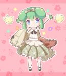  1girl bird black_ribbon blue_eyes bow double_bun flower_bed_lidelle green_skirt grey_bow grey_sweater hair_bun hat highres holding holding_clothes holding_hat jazz_grace lidelle_(puyopuyo) looking_at_viewer outline pink_background pointy_ears puyopuyo puyopuyo_quest ribbon skirt smile socks solo split_mouth standing straw_hat sweater white_outline white_socks yellow_horns 