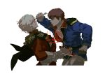  2boys amuro_ray arched_back blonde_hair blood bomber_jacket brown_hair cake cape char&#039;s_counterattack char_aznable character_name curly_hair dated epaulettes food fork gloves gundam jacket mobile_suit_gundam multiple_boys n0m0r3n3v3r plate simple_background stab time_paradox twitter_username white_background 