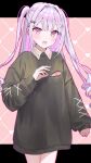  1girl black_sweater hair_intakes hair_ornament highres hoju_rura indie_virtual_youtuber long_hair long_sleeves looking_at_viewer open_mouth puffy_long_sleeves puffy_sleeves purple_eyes purple_hair sleeves_past_wrists solo standing sweater tomozero two_side_up very_long_hair virtual_youtuber wavy_mouth 