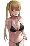  1girl :d arihara_nanami arm_at_side armpit_crease bare_shoulders bikini bikini_bottom_pull black_bikini blonde_hair blush breasts cleavage collarbone commentary_request cowboy_shot curvy eyelashes hair_between_eyes halterneck highres large_breasts long_hair looking_at_viewer navel open_mouth pulled_by_self red_eyes riddle_joker seductive_smile sidelighting simple_background smile solo standing straight_hair swimsuit tft_(tft7822) thighhighs twintails very_long_hair white_background 