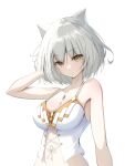  1girl animal_ears bare_arms bare_shoulders breasts cat_ears cat_girl chest_jewel cleavage core_crystal_(xenoblade) expressionless grey_hair highres looking_at_viewer mio_(xenoblade) navel okazu2010015 short_hair simple_background solo stomach swimsuit white_background xenoblade_chronicles_(series) xenoblade_chronicles_3 yellow_eyes 