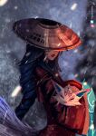  1girl ahri_(league_of_legends) animal artist_name black_hair blurry blurry_background brown_headwear closed_mouth covered_eyes drill_hair facial_mark from_side hat hayashidraws highres holding holding_animal japanese_clothes kimono league_of_legends long_sleeves red_lips snowing solo straw_hat whisker_markings wide_sleeves 