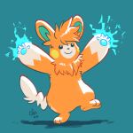  ambiguous_gender anthro black_eyes black_nose electricity fur generation_9_pokemon green_inner_ear hair hi_res neck_tuft nintendo orange_body orange_fur orange_hair pawmot paws pokemon pokemon_(species) simple_background smile solo tail the-chu tuft white_body white_fur white_tail 