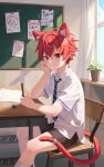  1boy animal_ear_fluff animal_ears bishounen brown_shorts cat_ears cat_tail chair chalkboard commentary_request curtains desk drawing eraser extra_ears eyuzi_i highres kemonomimi_mode looking_at_viewer male_focus necktie original plant potted_plant red_hair school_desk school_uniform short_hair short_sleeves shorts sitting solo tail teeth translation_request 