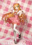  1girl amiami_(company) amico black_footwear breasts clenched_hands flower full_body green_eyes hair_ornament highres long_hair looking_at_viewer mary_janes official_art open_mouth orange_hair petals pink_flower pink_skirt puffy_short_sleeves puffy_sleeves shirt shoes short_sleeves simple_background skirt solo standing suspender_skirt suspenders thighhighs two_side_up very_long_hair wada_arco white_shirt white_thighhighs 