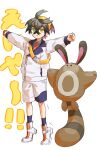  1boy :&lt; antenna_hair arms_up bag balancing_on_tail black_hair blue_socks clenched_hands closed_mouth collared_shirt colored_inner_hair commentary_request crossed_bangs dean_(satori-fujioka) frown full_body hair_between_eyes hairband highres jacket kieran_(pokemon) lapels long_sleeves male_focus mole mole_on_neck multicolored_hair necktie outstretched_arms pokemon pokemon_(creature) pokemon_(game) pokemon_sv purple_hair red_necktie school_uniform sentret shirt shoes short_hair shorts sidelocks simple_background socks solid_circle_eyes spread_arms standing tiptoes translation_request trembling two-tone_hair v-shaped_eyebrows white_background white_footwear white_jacket white_shorts wing_collar yellow_bag yellow_eyes yellow_hairband 