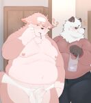  2023 anthro balls bear belly big_belly black_nose blush bottomwear bulge canid canine canis clothed clothing domestic_dog dragon_night800 duo erection erection_under_clothing genitals giant_panda hi_res humanoid_hands ill kemono male mammal moobs nipples overweight overweight_male pants penis question_mark shirt topwear underwear 
