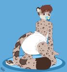  absurd_res anthro big_diaper brown_hair clothed clothing cuddlehooves diaper diaper_only felid fur grey_body grey_fur hair hi_res kneeling looking_back male mammal pacifier pantherine simple_background smile snow_leopard solo spots spotted_body spotted_fur topless 
