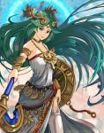  bare_shoulders cowboy_shot forehead_jewel green_eyes green_hair highres holding holding_staff jewelry kid_icarus kid_icarus_uprising long_hair looking_at_viewer palutena pendant shield smile solo staff stoic_seraphim very_long_hair 