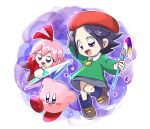  1boy 2girls adeleine blue_eyes fairy_wings green_skirt highres kirby kirby_(series) multiple_girls paintbrush pink_hair purple_eyes rasu_(pixiv9799832) red_headwear red_ribbon ribbon ribbon_(kirby) short_hair skirt wings 