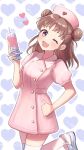  1girl ;d blush bow breasts brown_hair cowboy_shot double_bun dress hair_bow hair_bun hair_ribbon hand_on_own_hip hand_up hat heart heart_background holding holding_syringe idolmaster idolmaster_cinderella_girls idolmaster_cinderella_girls_starlight_stage large_syringe munakata_atsumi nurse nurse_cap one_eye_closed open_mouth oversized_object pink_dress purple_background purple_eyes red_ribbon ribbon shoes short_hair short_sleeves small_breasts smile solo standing standing_on_one_leg syringe thighhighs toririririre white_thighhighs 