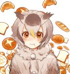  +_+ 03sa40 1girl :&gt; absurdres baguette bird_girl bird_wings blonde_hair blush bread bread_bun coat drooling food fur_collar grey_hair hair_between_eyes head_wings highres kemono_friends northern_white-faced_owl_(kemono_friends) orange_eyes owl_ears owl_girl short_hair sidelocks solo sparkling_eyes white_coat white_fur white_hair wings 