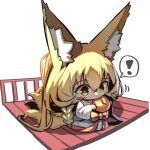  ! 1girl animal_ear_fluff animal_ears blonde_hair blush_stickers bow chibi commentary_request food fox_ears fox_girl fox_tail fruit green_eyes hair_between_eyes highres holding holding_food japanese_clothes kimono kitsune kyuubi long_sleeves mandarin_orange multiple_tails original railing red_bow seiza simple_background sitting solo spoken_exclamation_mark tail white_background white_kimono wide_sleeves yuuji_(yukimimi) 
