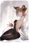  1girl absurdres animal_ears arm_support bare_shoulders black_bodysuit bodysuit breasts brown_eyes brown_hair choker closed_mouth covered_navel covered_nipples detached_sleeves dog_ears feet_out_of_frame granblue_fantasy highres lips looking_at_viewer looking_to_the_side short_hair sideboob sitting small_breasts smile solo thick_eyebrows vajra_(granblue_fantasy) w wristband yokozuwari yu_pian 