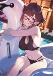  1girl 92m absurdres ahoge bare_shoulders bikini blush breasts cleavage cleavage_cutout clothing_cutout commentary_request dripping glasses hair_ornament hair_up hairclip halterneck highres kinshi_no_ane large_breasts looking_at_viewer navel object_hug opaque_glasses original pool red-framed_eyewear red_hair sideboob skindentation smile solo swimsuit thighs water wet 