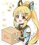  1girl :d bare_shoulders blonde_hair blue_sleeves bocchi_the_rock! box bridal_gauntlets cardboard_box cat_tail commentary_request cosplay cropped_torso detached_sleeves forked_tail fur-trimmed_sleeves fur_trim genshin_impact hair_ornament hairclip high_ponytail holding holding_box ijichi_nijika kirara_(genshin_impact) kirara_(genshin_impact)_(cosplay) long_hair long_sleeves looking_at_viewer mitya notice_lines parted_bangs ponytail red_eyes simple_background smile solo starry_background tail twitter_username upper_body very_long_hair white_background x_hair_ornament 