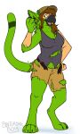  avian beak binturongboy black_beak bottomwear brown_hair clothing clover female four_leaf_clover fur green_body green_fur gryphon hair hat headgear headwear hi_res likeshine_(character) mythological_avian mythology shirt shorts tank_top topwear torn_clothing transformation 