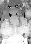  1boy 1girl blush breasts breasts_apart closed_mouth collarbone commentary_request double-parted_bangs eyebrows_hidden_by_hair go-toubun_no_hanayome grabbing grabbing_another&#039;s_breast grabbing_from_behind greyscale hair_between_eyes hair_ornament hetero highres irarei_(araisanblog) large_breasts long_hair looking_down monochrome nakano_itsuki nipples nude sidelocks skindentation solo_focus sound_effects star_(symbol) star_hair_ornament sweat twitching upper_body visible_air wavy_hair web_address 
