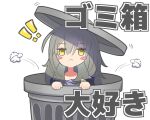  black_jacket chibi grey_hair highres honkai:_star_rail honkai_(series) in_trash_can jacket medium_hair nekooka_mayuri shirt stelle_(honkai:_star_rail) trailblazer_(honkai:_star_rail) trash trash_can white_background white_shirt yellow_eyes 