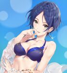  1girl animal_ears bikini black_hair blue_bikini breasts cleavage hayami_kanade idolmaster idolmaster_cinderella_girls looking_at_viewer medium_breasts navel open_clothes open_shirt parted_bangs parted_lips sayuuiede shirt short_hair smile solo sparkle swimsuit upper_body wet wet_clothes wet_shirt yellow_eyes 
