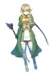  1girl blonde_hair bow bowtie breasts cape dairoku_ryouhei elf evelyn_lambert full_body gauntlets green_cape green_eyes hand_up holding holding_weapon long_hair looking_at_viewer medium_breasts pointy_ears red_bow red_bowtie sidelocks solo soramiruku standing transparent_background weapon 