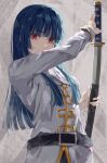  1girl ascot belt belt_buckle black_belt blue_hair blunt_bangs buckle commentary commentary_request covered_mouth gintama highres hime_cut holding holding_sheath holding_sword holding_weapon imai_nobume jacket katana komura_hiroto long_hair looking_at_viewer military_uniform red_eyes sheath simple_background solo sword uniform unsheathing weapon white_ascot white_jacket 