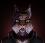  3d_(artwork) anthro blood blood_in_mouth bodily_fluids cheek_tuft citra_(sosya142) clothing coat countershading dark_body dark_fur digital_media_(artwork) dreadlocks ear_tuft facial_tuft fangs felid feline female fur grippusavium head_markings hi_res intimidation light_body light_fur looking_at_viewer lynx mammal markings multicolored_body multicolored_fur simple_background solo teeth tongue topwear tuft two_tone_body two_tone_fur vampire wrinkled_nose yellow_eyes 