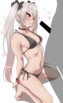  1boy 1girl absurdres bare_arms bare_legs bare_shoulders barefoot bikini black_bikini black_choker black_ribbon blue_archive blush breasts choker clenched_teeth dark-skinned_female dark_skin grey_hair hair_over_one_eye hair_ribbon highres iori_(blue_archive) iori_(swimsuit)_(blue_archive) kneeling long_hair murabito_c navel official_alternate_costume pointy_ears red_eyes ribbon small_breasts swimsuit teeth twintails 