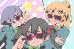  3girls adjusting_eyewear ahoge ayase_eli black_hair blazer blonde_hair blue_jacket blush bow bowtie commentary_request crossed_arms green_bow green_bowtie green_eyes hair_between_eyes hair_bow hair_ornament hair_scrunchie jacket kashikaze long_hair looking_at_viewer looking_over_eyewear love_live! love_live!_school_idol_project low_twintails medium_hair multiple_girls otonokizaka_school_uniform outline pink-framed_eyewear pink_bow ponytail purple_eyes purple_hair school_uniform scrunchie shirt star_(symbol) sunglasses tongue tongue_out toujou_nozomi twintails upper_body white_outline white_scrunchie white_shirt yazawa_nico 