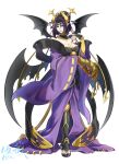  1girl bat_wings blue_eyes breasts cleavage demon demon_girl digimon digimon_(creature) eyeshadow fallen_angel hair_ornament highres horns japanese_clothes large_breasts lilithmon looking_at_viewer makeup medium_breasts medium_hair nail_polish pointy_ears purple_eyeshadow purple_hair purple_nails simple_background solo white_background wings youzaiyouzai112 