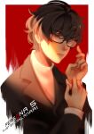  1boy amamiya_ren artist_name black-framed_eyewear black_eyes black_hair black_jacket border collared_jacket commentary copyright_name empty_eyes english_commentary english_text fingernails glasses jacket kanlamari layered_sleeves long_sleeves looking_at_viewer male_focus messy_hair persona persona_5 pulled_by_self red_background shirt short_hair sleeve_pull solo turtleneck two-tone_background upper_body watermark white_background white_border white_shirt 