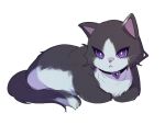  946903431 :&lt; amethio_(pokemon) animalization bright_pupils cat closed_mouth commentary_request full_body lying no_humans pokemon pokemon_(anime) pokemon_horizons purple_eyes simple_background solo white_background white_pupils 