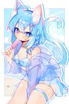  1girl absurdres ahoge animal_ear_fluff animal_ears arm_between_legs bare_shoulders beach bikini bikini_under_clothes blue_bikini blue_eyes blue_hair blue_sky blush border breasts cat_ears cat_girl cat_tail cleavage cloud cowboy_shot dot_nose eating food hair_between_eyes hair_ornament heterochromia highres holding holding_food holding_popsicle legs_apart long_sleeves looking_at_viewer ocean off_shoulder original outside_border pink_eyes pleated_skirt popsicle sand see-through see-through_shirt short_hair sidelocks skindentation skirt sky small_breasts solo swimsuit tail thick_thighs thigh_strap thighs uenomigi white_border white_skirt x_hair_ornament 