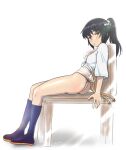  1girl absurdres ass black_hair blush breasts brown_eyes chair fundoshi girls_und_panzer highres hiyama_yuu_(wee259hiyama) japanese_clothes long_hair looking_at_viewer open_mouth ponytail reizei_mako signature simple_background sitting small_breasts solo white_background yamakasa 