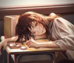  1girl black_hair book chainsaw_man chromatic_aberration cross_scar desk eraser head_on_table highres kozzz_y long_hair looking_at_viewer red_eyes ringed_eyes scar scar_on_cheek scar_on_face school_desk school_uniform serafuku solo yoru_(chainsaw_man) 