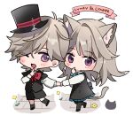  1boy 1girl ;d aged_down animal_ear_fluff animal_ears aqua_bow aqua_bowtie black_capelet black_dress black_footwear black_headwear black_pantyhose black_shorts black_vest blush boots bow bowtie brother_and_sister buttons capelet cat_ears cat_girl cat_tail character_name chibi commentary_request dress eyes_visible_through_hair finger_to_mouth flower frilled_dress frills full_body genshin_impact grey_hair hair_over_one_eye hand_up hat holding_hands index_finger_raised long_hair long_sleeves looking_at_viewer lynette_(genshin_impact) lyney_(genshin_impact) one_eye_closed open_mouth pantyhose parted_bangs pinafore_dress purple_eyes red_bow red_bowtie satorigame shirt shoes short_hair shorts siblings simple_background sleeveless sleeveless_dress smile swept_bangs tail top_hat vest walking white_background white_shirt yellow_flower 