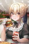  1girl :t absurdres alternate_costume archived_source artoria_pendragon_(fate) black_bow black_bowtie black_dress blurry blurry_background bow bowtie breasts brown_eyes burger can coca-cola collarbone dress eating eyelashes fate/grand_order fate/stay_night fate_(series) food food_on_face french_fries frilled_dress frills hair_between_eyes hair_bun hand_up highres holding indoors looking_at_viewer maid medium_breasts nagul puffy_short_sleeves puffy_sleeves saber_alter short_sleeves sidelocks sitting soda_can solo upper_body 