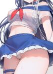  1girl blue_hair body_markings breasts collar crop_top frilled_skirt frills head_out_of_frame highres indie_virtual_youtuber kanfi large_breasts long_hair midriff miniskirt multicolored_hair panties school_uniform see-through see-through_shirt serafuku shylily skirt solo streaked_hair thigh_strap thighs underwear white_hair 