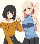  2girls :o alternate_costume alternate_hair_length alternate_hairstyle arm_behind_head armpits black_hair black_skirt blonde_hair blue_shirt blush breasts closed_mouth collared_shirt commentary_request dars_(recolors) earrings hair_ribbon hand_up holding holding_hair inoue_takina jewelry long_hair long_sleeves looking_at_viewer lycoris_recoil medium_breasts multiple_girls nishikigi_chisato off-shoulder_shirt off_shoulder orange_shirt parted_lips purple_eyes red_eyes red_ribbon ribbon shirt short_hair skirt sleeveless sleeveless_shirt smile upper_body white_background 