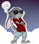  anthro bottomwear candy clothing denim denim_clothing dessert disney eyewear female food jeans judy_hopps lagomorph leporid mammal night nobby_(artist) pants rabbit solo star sunglasses thinking thought_bubble zootopia 