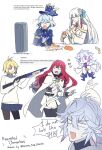  1boy 3girls ahoge baobhan_sith_(fate) blonde_hair blue_eyes blue_hair breasts brown_leggings cape chibi closed_eyes closed_mouth fate/grand_order fate_(series) food fruit furina_(genshin_impact) genshin_impact gun highres house_tag_denim large_breasts leggings merlin_(fate) morgan_le_fay_(water_princess)_(fate) multicolored_hair multiple_girls open_mouth orange_(fruit) orange_peel ponytail purple_eyes red_eyes red_hair shirt shotgun skirt television twitter_username two-tone_hair weapon white_cape white_shirt 