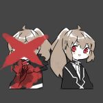  2girls ahoge black_jacket blood blood_on_clothes colored_skin commentary_request crossed_out dual_persona e.g.o_(project_moon) employee_(lobotomy_corporation) fur-trimmed_jacket fur_trim grey_background harvest_fes jacket librarian_(library_of_ruina) library_of_ruina light_brown_hair lobotomy_corporation multiple_girls necktie no_nose open_mouth ponytail project_moon red_eyes shirt simple_background smile white_necktie white_shirt white_skin 