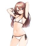  1girl alternate_hairstyle arms_behind_head bikini breasts brown_eyes brown_hair cowboy_shot hair_down highres kantai_collection looking_at_viewer side-tie_bikini_bottom simple_background small_breasts solo swimsuit white_background white_bikini zarashi zuihou_(kancolle) 