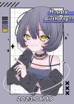  1girl bare_shoulders black_choker black_jacket blush bob_cut border chain_necklace choker closed_mouth cropped_torso dated grey_border grey_hair grey_shirt hair_between_eyes hand_on_own_cheek hand_on_own_face happy_birthday head_rest highres idoly_pride igawa_aoi jacket jewelry necklace off_shoulder open_clothes open_jacket outside_border shirt short_hair sidelocks sleeveless sleeveless_shirt smile solo spiked_choker spikes xx_ly_xo yellow_eyes 